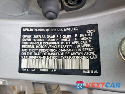 Zdjęcie 12 z 12 samochodu: 2020 HONDA CIVIC SPORT VIN:SHHFK7H49LU416301 - miniatura