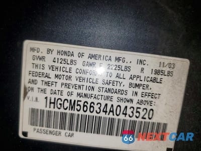 Zdjęcie 14 z 14 samochodu: 2004 HONDA ACCORD EX VIN:1HGCM56634A043520 - miniatura
