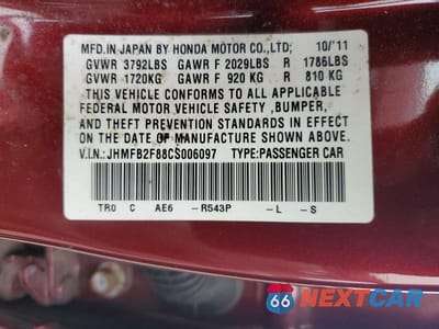 Zdjęcie 13 z 13 samochodu: 2012 HONDA CIVIC EX VIN:JHMFB2F88CS006097 - miniatura