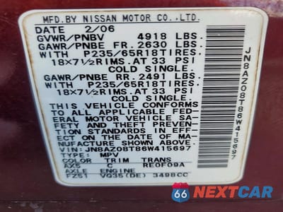 Zdjęcie 13 z 13 samochodu: 2006 NISSAN MURANO S VIN:JN8AZ08T86W415697 - miniatura