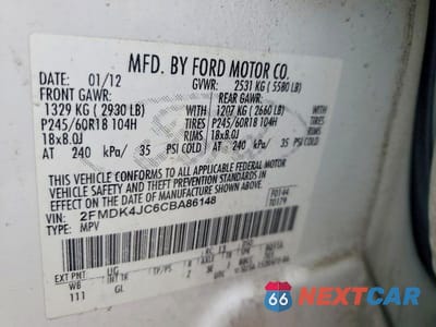 Zdjęcie 12 z 12 samochodu: 2012 FORD EDGE SEL VIN:2FMDK4JC6CBA86148 - miniatura