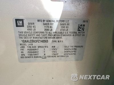 Zdjęcie 14 z 14 samochodu: 2015 CHEVROLET EQUINOX LT VIN:1GNALCEK3FZ140563 - miniatura
