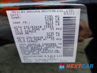 Zdjęcie 13 z 13 samochodu: 2021 NISSAN MURANO SV VIN:5N1AZ2BS9MC118410 - miniatura