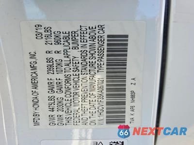 Zdjęcie 12 z 12 samochodu: 2019 HONDA ACCORD SPORT VIN:1HGCV1F35KA067021 - miniatura