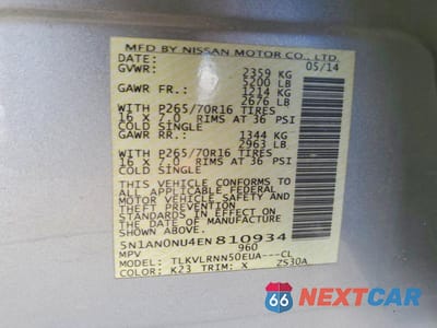 Zdjęcie 13 z 13 samochodu: 2014 NISSAN XTERRA S VIN:5N1AN0NU4EN810934 - miniatura