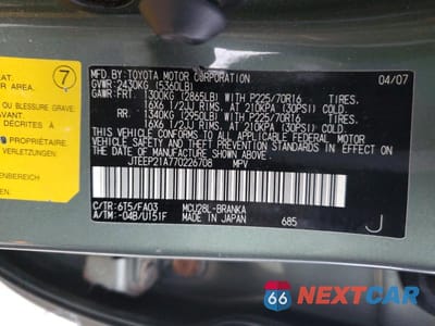 Zdjęcie 12 z 12 samochodu: 2007 TOYOTA HIGHLANDER SPORT VIN:JTEEP21A770226708 - miniatura