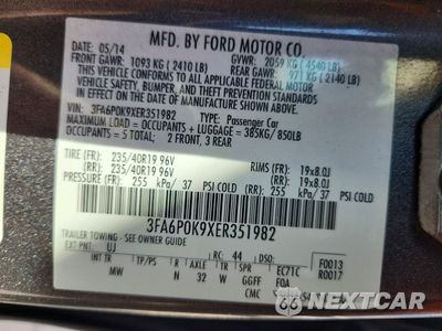 Zdjęcie 12 z 12 samochodu: 2014 FORD FUSION TITANIUM VIN:3FA6P0K9XER351982 - miniatura