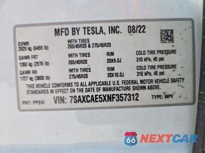 Zdjęcie 13 z 13 samochodu: 2022 TESLA MODEL X VIN:7SAXCAE5XNF357312 - miniatura