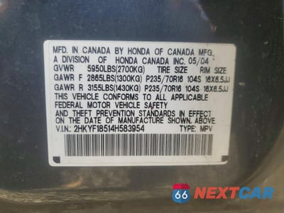 Zdjęcie 13 z 13 samochodu: 2004 HONDA PILOT EXL VIN:2HKYF18514H583954 - miniatura