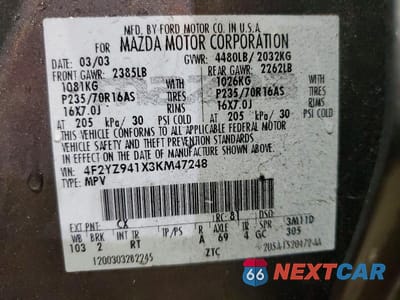 Zdjęcie 13 z 13 samochodu: 2003 MAZDA TRIBUTE LX VIN:4F2YZ941X3KM47248 - miniatura