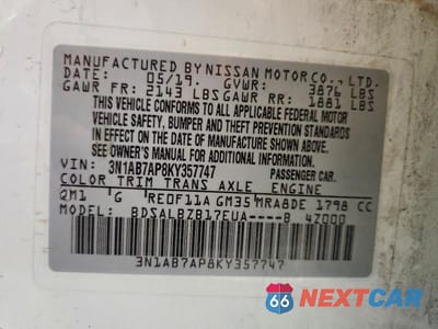 Zdjęcie 12 z 12 samochodu: 2019 NISSAN SENTRA S VIN:3N1AB7AP8KY357747 - miniatura