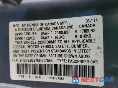 Zdjęcie 12 z 12 samochodu: 2014 HONDA CIVIC EX VIN:2HGFG3B87EH517696 - miniatura