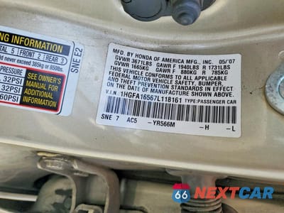 Zdjęcie 12 z 12 samochodu: 2007 HONDA CIVIC LX VIN:1HGFA16567L118161 - miniatura