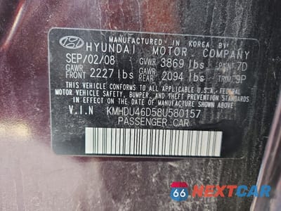 Zdjęcie 12 z 12 samochodu: 2008 HYUNDAI ELANTRA GLS VIN:KMHDU46D58U580157 - miniatura