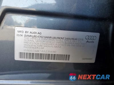 Zdjęcie 12 z 12 samochodu: 2004 AUDI A4 1.8T QUATTRO VIN:WAULC68E14A235690 - miniatura