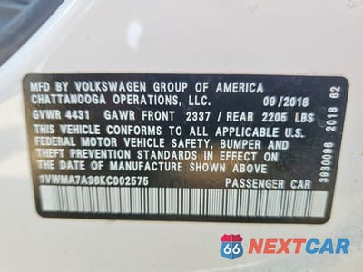 Zdjęcie 12 z 12 samochodu: 2019 VOLKSWAGEN PASSAT SE R-LINE VIN:1VWMA7A36KC002575 - miniatura