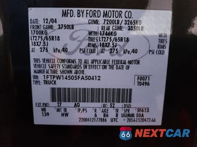 Zdjęcie 12 z 12 samochodu: 2005 FORD F150 SUPERCREW VIN:1FTPW14505FA50412 - miniatura