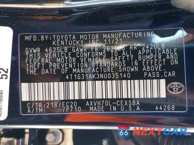 Zdjęcie 12 z 12 samochodu: 2022 TOYOTA CAMRY HYBRID SE NIGHTSHADE VIN:4T1G31AK3NU035140 - miniatura