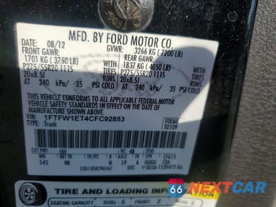 Zdjęcie 12 z 12 samochodu: 2012 FORD F150 SUPERCREW VIN:1FTFW1ET4CFC92853 - miniatura