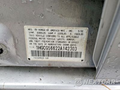Zdjęcie 12 z 12 samochodu: 2002 HONDA ACCORD EX VIN:1HGCG56622A142303 - miniatura