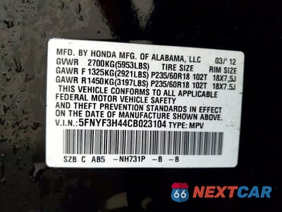 Zdjęcie 13 z 13 samochodu: 2012 HONDA PILOT EX VIN:5FNYF3H44CB023104 - miniatura