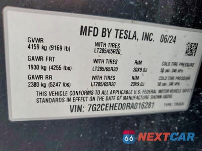 Zdjęcie 12 z 12 samochodu: 2024 TESLA CYBERTRUCK VIN:7G2CEHED0RA016281 - miniatura