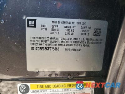 Zdjęcie 12 z 12 samochodu: 2012 CHEVROLET MALIBU 1LT VIN:1G1ZC5E03CF275862 - miniatura