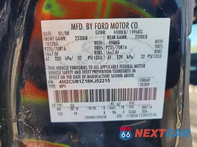 Zdjęcie 14 z 14 samochodu: 2008 MERCURY MARINER VIN:4M2CU81Z18KJ52215 - miniatura