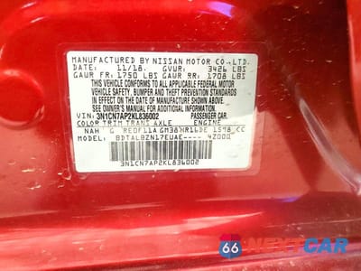 Zdjęcie 12 z 12 samochodu: 2019 NISSAN VERSA VIN:3N1CN7AP2KL836002 - miniatura