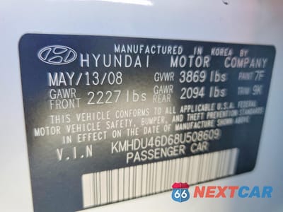 Zdjęcie 12 z 13 samochodu: 2008 HYUNDAI ELANTRA GLS VIN:KMHDU46D68U508609 - miniatura