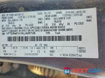Zdjęcie 12 z 12 samochodu: 2019 FORD RANGER XL VIN:1FTER4FH1KLA05726 - miniatura