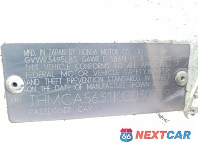 Zdjęcie 12 z 12 samochodu: 1989 HONDA ACCORD LX VIN:JHMCA5631KC030729 - miniatura