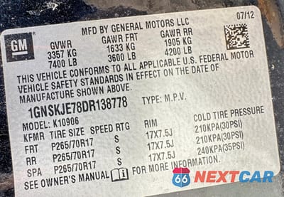 Zdjęcie 10 z 13 samochodu: 2013 CHEVROLET SUBURBAN K1500 LT VIN:1GNSKJE78DR138778 - miniatura