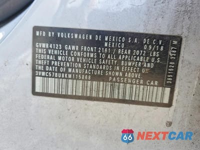 Zdjęcie 12 z 12 samochodu: 2019 VOLKSWAGEN JETTA S VIN:3VWC57BU8KM115868 - miniatura