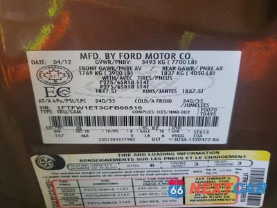 Zdjęcie 12 z 12 samochodu: 2012 FORD F150 SUPERCREW VIN:1FTFW1ET3CFB66516 - miniatura