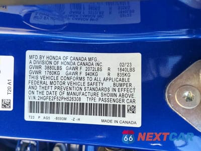 Zdjęcie 12 z 12 samochodu: 2023 HONDA CIVIC SPORT VIN:2HGFE2F52PH526308 - miniatura