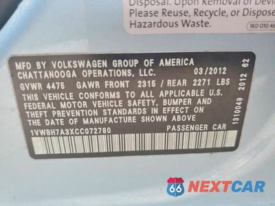 Zdjęcie 12 z 12 samochodu: 2012 VOLKSWAGEN PASSAT SE VIN:1VWBH7A3XCC072780 - miniatura