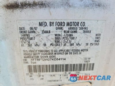 Zdjęcie 12 z 12 samochodu: 2007 FORD F150 VIN:1FTRF12W27KD54114 - miniatura