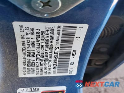 Zdjęcie 12 z 12 samochodu: 2007 HONDA CIVIC LX VIN:1HGFA16587L067732 - miniatura