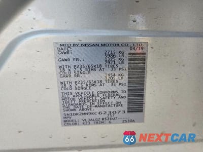 Zdjęcie 12 z 12 samochodu: 2019 NISSAN PATHFINDER SL VIN:5N1DR2MN9KC623073 - miniatura
