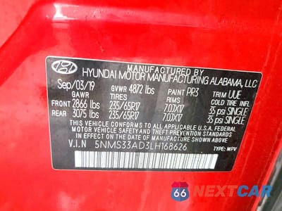 Zdjęcie 13 z 13 samochodu: 2020 HYUNDAI SANTA FE SEL VIN:5NMS33AD3LH168626 - miniatura