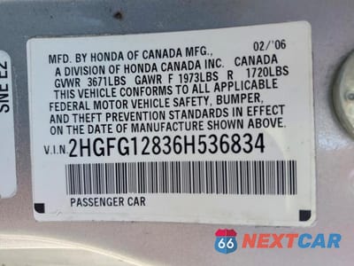 Zdjęcie 12 z 12 samochodu: 2006 HONDA CIVIC EX VIN:2HGFG12836H536834 - miniatura