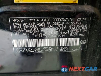 Zdjęcie 12 z 12 samochodu: 2007 LEXUS GS 350 BASE VIN:JTHCE96S670012044 - miniatura