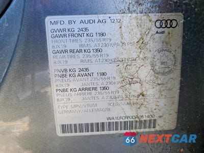 Zdjęcie 12 z 12 samochodu: 2013 AUDI Q5 4DR AWD VIN:WA1LFCFP0DA051400 - miniatura
