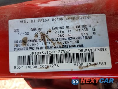 Zdjęcie 12 z 12 samochodu: 2004 MAZDA 3 HATCHBACK VIN:JM1BK343X41127587 - miniatura