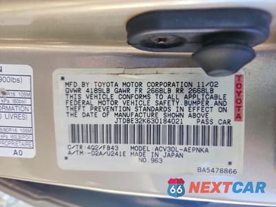 Zdjęcie 12 z 12 samochodu: 2003 TOYOTA CAMRY LE VIN:JTDBE32K630184021 - miniatura