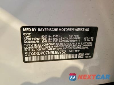 Zdjęcie 13 z 13 samochodu: 2022 BMW X3 SDRIVE30I VIN:5UX43DP07N9L98752 - miniatura