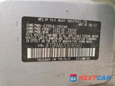 Zdjęcie 13 z 13 samochodu: 2012 SUBARU IMPREZA VIN:JF1GPAA67CH246560 - miniatura