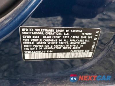 Zdjęcie 12 z 12 samochodu: 2019 VOLKSWAGEN PASSAT WOLFSBURG VIN:1VWLA7A38KC013394 - miniatura