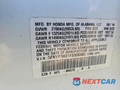 Zdjęcie 13 z 13 samochodu: 2015 HONDA PILOT SE VIN:5FNYF3H31FB006885 - miniatura